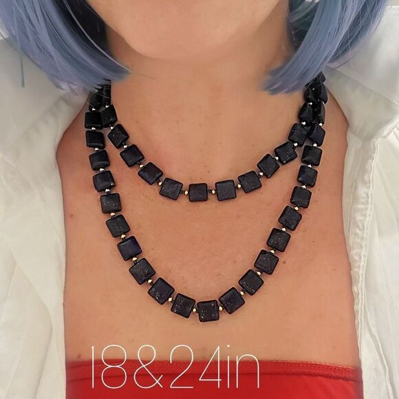 Natural Deep Blue Lapis Lazuli 12mm Flat Square Double Strand Necklace 14 Ct. Go - Picture 6 of 7